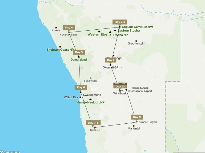 Multi-day Namibia safari route covering Etosha, Damaraland, the Skeleton Coast, Sossusvlei, and the Kalahari Desert.