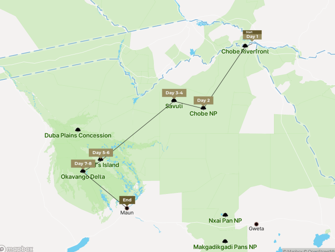 Safari route map showing a multi-day itinerary through Chobe Riverfront, Chobe National Park, Savuti, Duba Plains Concession, Okavango Delta, and ending in Maun, Botswana.