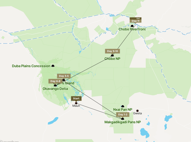 Safari itinerary map starting in Maun and travelling through Makgadikgadi Pans National Park, Nxai Pan National Park, Okavango Delta, Duba Plains Concession, Chobe National Park, and ending at Chobe Riverfront in Botswana.